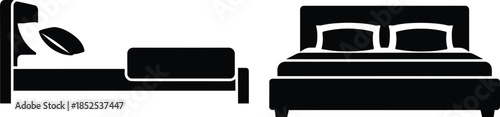 Black furniture icons of a bed and nightstand on transparent background silhouette