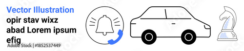 Transportation, notifications, strategy, decision-making, planning, game concepts. Bell with sound waves, car outline chess knight piece. Notifications and strategy in decision-making concepts