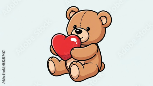 Cute brown teddy bear holding red heart symbol on light background, love and affection concept for valentine's day
