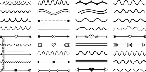 Collection of decorative line art elements and dividers on transparent background silhouette