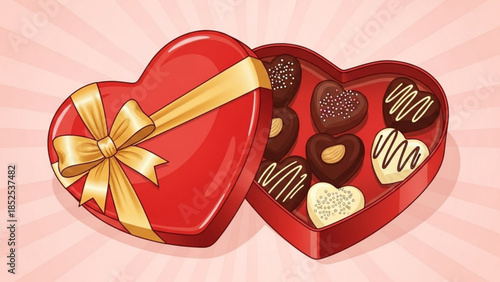 A heart shaped box of assorted chocolates with golden bow on pink background for valentines day