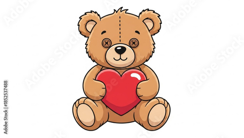 Cute brown teddy bear holding a red heart, sitting on white background, adorable cartoon illustration for valentine's day or love themed