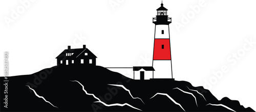 Coastal lighthouse and house graphic on transparent background silhouette