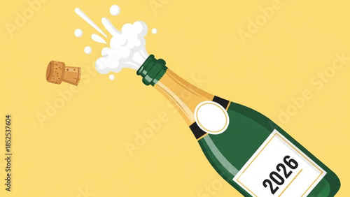 A green champagne bottle with 2026 label popping cork on yellow background celebrating new year