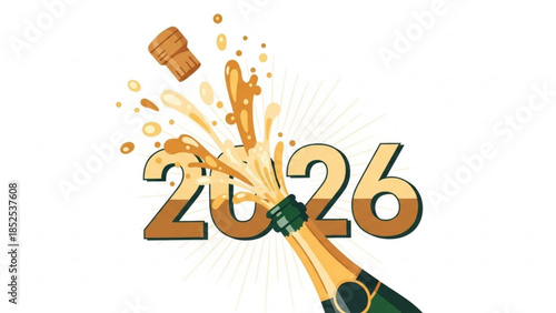 New year 2026 celebration with champagne bottle and splashing cork on white background