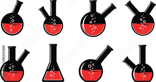 Collection of four different shaped chemistry flasks with liquid on transparent background silhouette