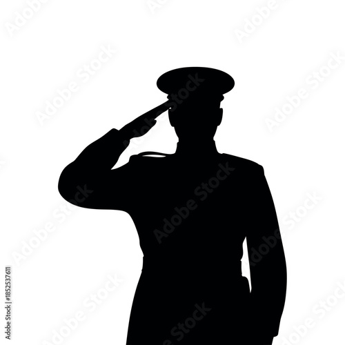 A silhouette of a person in a military uniform salutes.