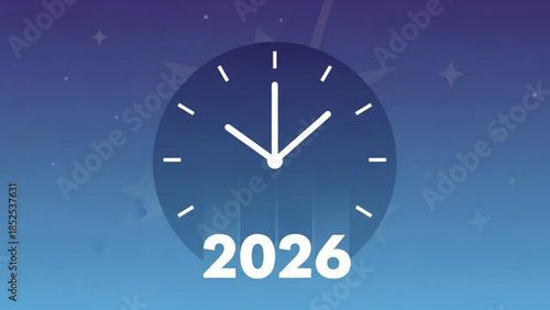 New year's eve clock strikes midnight on 2026 with starry night sky background and white clock hands