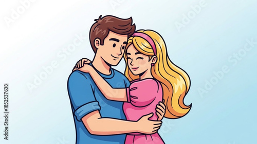 Cartoon couple hug smiling man and woman embracing each other in blue and pink