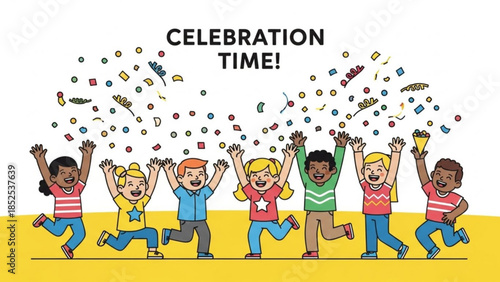 Diverse group of happy children celebrating with confetti and raised hands in joyful festive atmosphere with yellow background