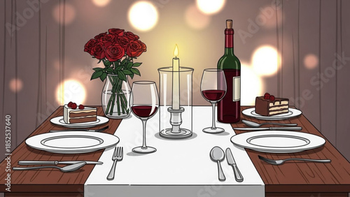 A romantic dinner table setting with wine glasses and cake on a wooden table in a cozy restaurant or home interior with red roses