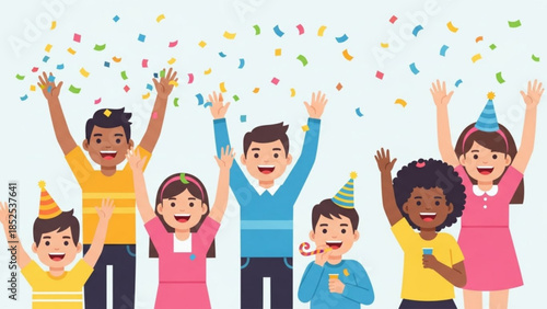 Diverse group of happy children celebrating with confetti and party hats, joyful kids in colorful clothes throwing arms up in excitement