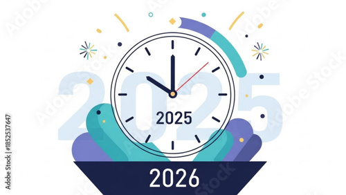 New year 2025 clock striking midnight with colorful fireworks and shapes on white background