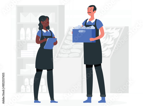 Two grocery store workers talking with one holding a box employees conversation