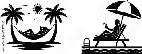 Relaxing beach scene with hammock and lounge chair on transparent background silhouette