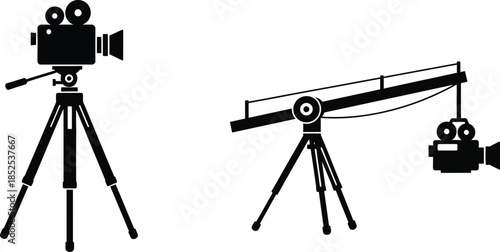 Vintage film camera and equipment silhouette on transparent background