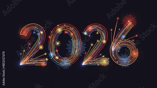 Vibrant 2026 new year celebration numbers with colorful fireworks and sparkling lights on black background