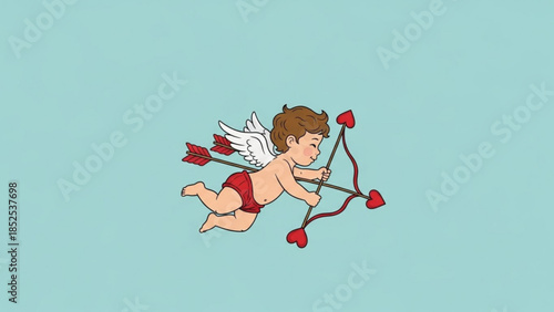 Cute cherub flying with heart shaped bow and arrow on light blue background for valentine's day, love and romance concepts