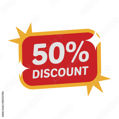 A vibrant red and yellow graphic represents a 50% discount offer.
