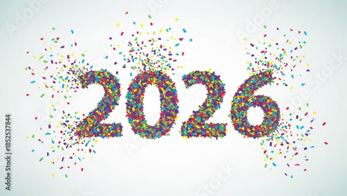 Colorful confetti exploding around 2026 text on white background, celebration and party concept