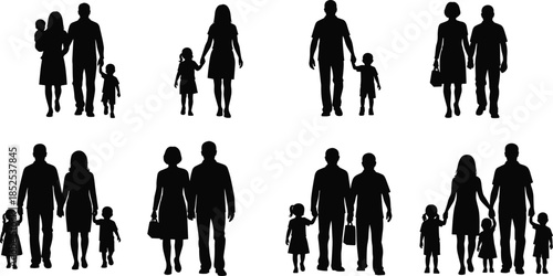 Family silhouettes, diverse parents and children, walking together, holding hands, inclusive icons, community unity, love, support, relationships, care