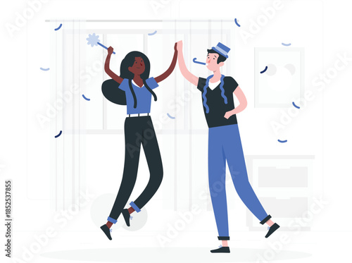 Two people celebrating with confetti and party popper celebration jumping desig