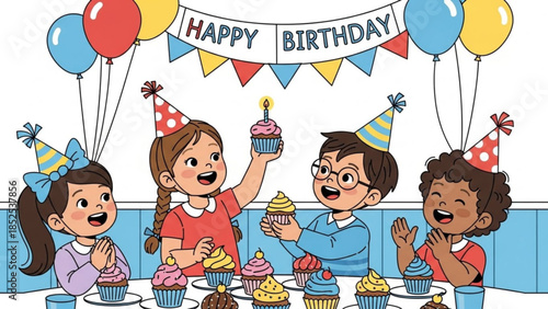 Diverse group of happy children celebrating birthday with cupcakes and colorful balloons