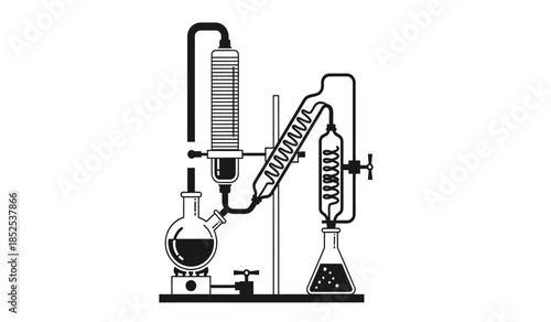 a detailed illustration of a laboratory distillation apparatus used for separating liquid mixtures showcasing glassware and heating components high quality professional