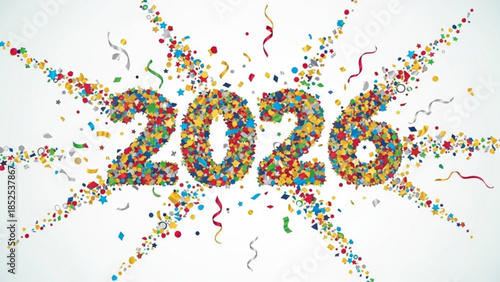Colorful confetti and ribbons forming the year 2026 on white background for celebration