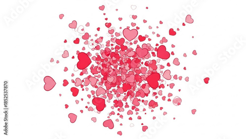 A cluster of various sized red and pink hearts flying in all directions on a white background for love, valentine's day, or romantic