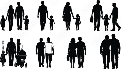 Family silhouettes, walking figures, parenting icons, inclusive relationships, baby stroller clipart, couple vector, lifestyle bundle, diverse family poses, black silhouettes