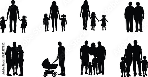 Family silhouettes, caregiving icons, generational figures, baby stroller clipart, inclusive family vector, lifestyle bundle, diverse relationships, black silhouettes, walking poses
