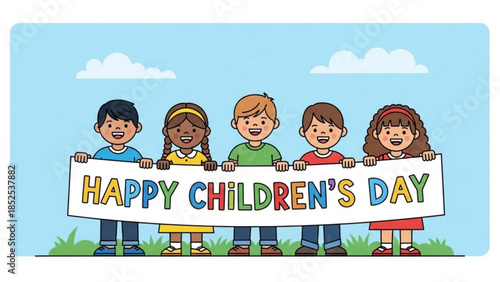 Multicultural children holding happy children's day banner on sunny day with blue sky and clouds