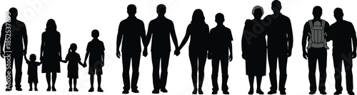 Family silhouettes, generational icons, baby carrier clipart, inclusive family vector, lifestyle bundle, diverse relationships, black figures, standing poses