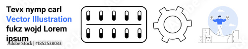 Capsule blister pack representing healthcare, gearwheel for mechanics, person balancing ideas over cityscape for creativity. Ideal for healthcare, productivity, innovation, mechanics, balance