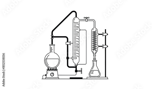 A detailed line drawing illustrates a classic distillation apparatus used in chemistry labs for separating liquids based on boiling points