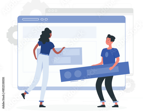 Woman and man building website interface with large blue blocks construction development desi