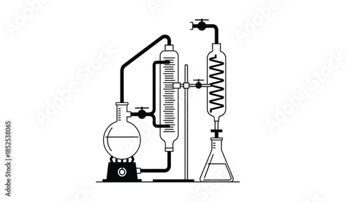 a detailed schematic illustration depicts a laboratory setup for distillation showcasing glassware and heating apparatus used in chemical processes high quality