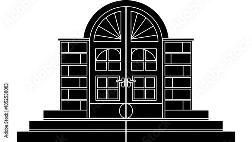 detailed architectural illustration of an ornate entrance with an arched doorway, brick walls, and columns, dark silhouette against a white background
