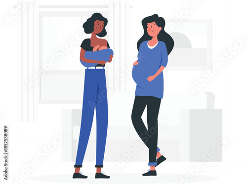 Two women one holding baby one pregnant woman holding baby cartoon style motherhood d