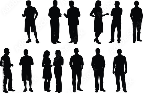 Business people silhouettes set illustration, standing men and women figures, communication poses, black outline style, cad drawing flat vector illustration