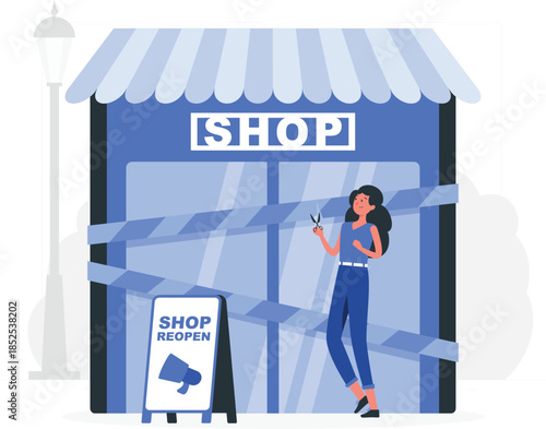 Woman cutting blue tape outside shop with reopen sign scissors des
