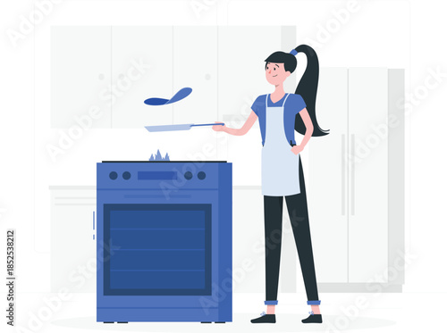 Woman cooking with blue oven and utensils kitchen frying pan desig