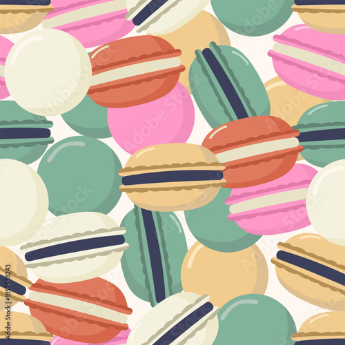Pastel seamless pattern of colorful french macarons. Vector flat design sweet dessert background for Valentine's Day bakery boxes, patisserie decor, parisian themes, and cookies.