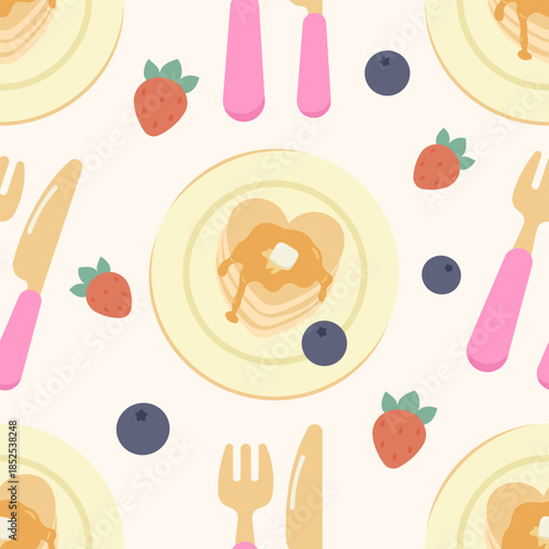 Cute seamless pattern of heart-shaped pancakes with syrup and butter. Vector flat design breakfast background for Valentine's Day morning menus, romantic brunch themes, and cafe textures.