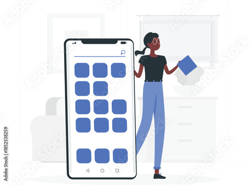 Woman holding blue tablet standing next to large smartphone with blue squares on screen