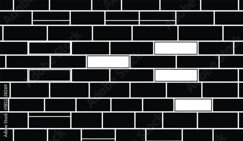 An abstract composition featuring a brick wall pattern with several white rectangular spaces interrupting the dark blocks high quality professional detailed