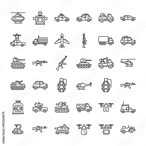 A collection of various military vehicles and weapons icons in line art style