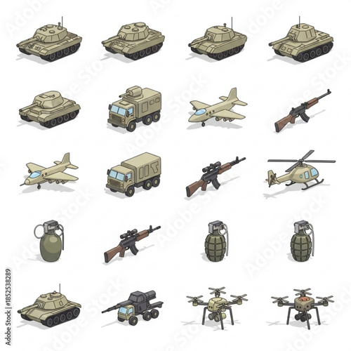 Military vehicles and weapons in various forms