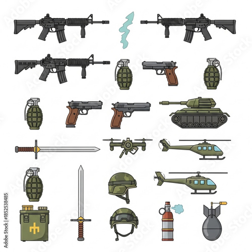 Collection of various military weapons and equipment